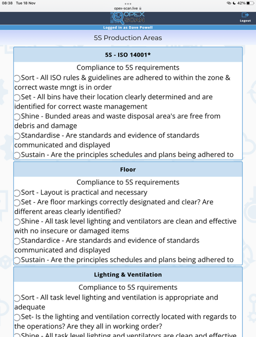 Digital 5S and ISO 14001 compliance checklist opened on a tablet via QR code